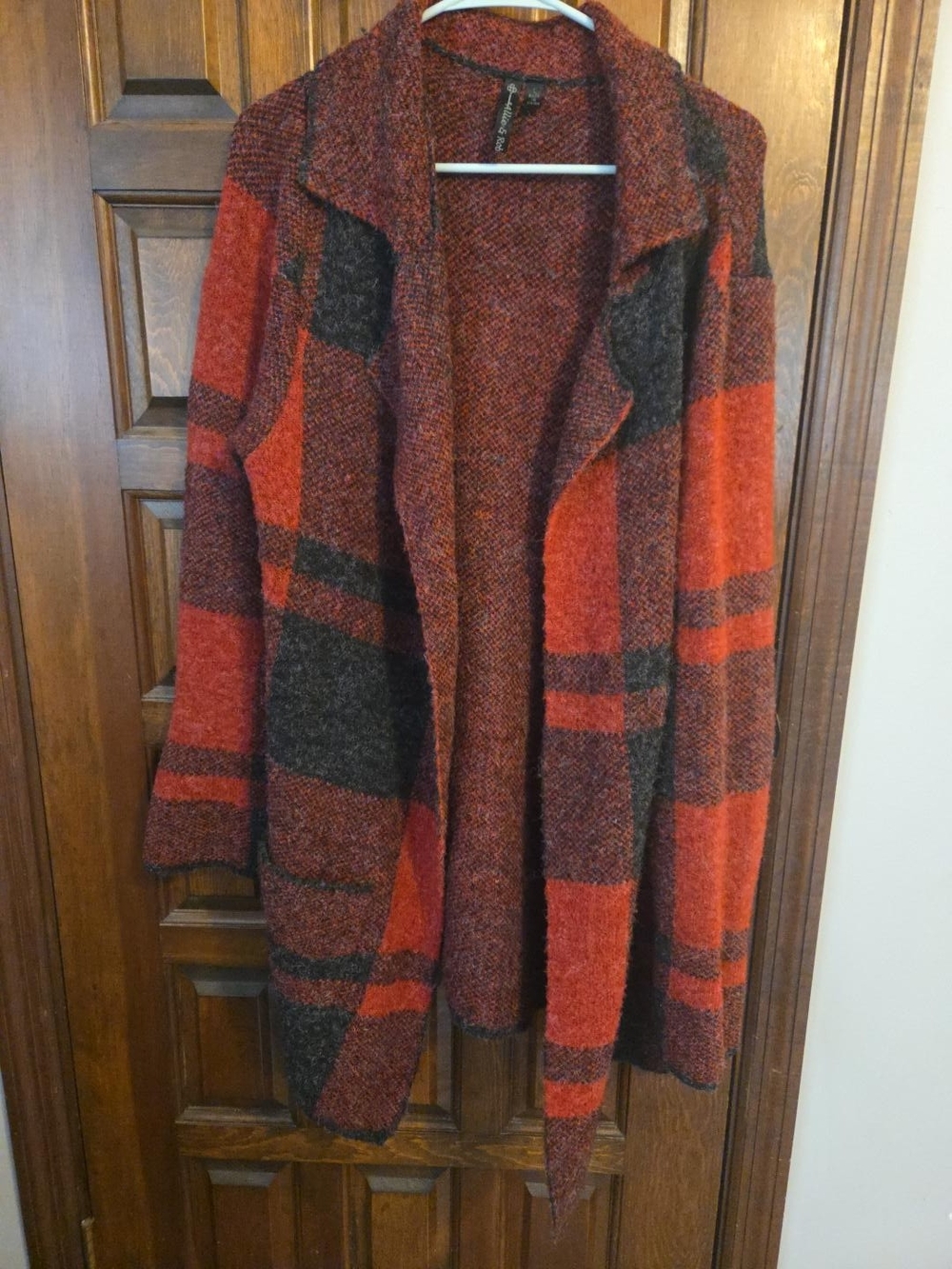 Allie & Rob Open-Front Plaid Cardigan - Red & Charcoal